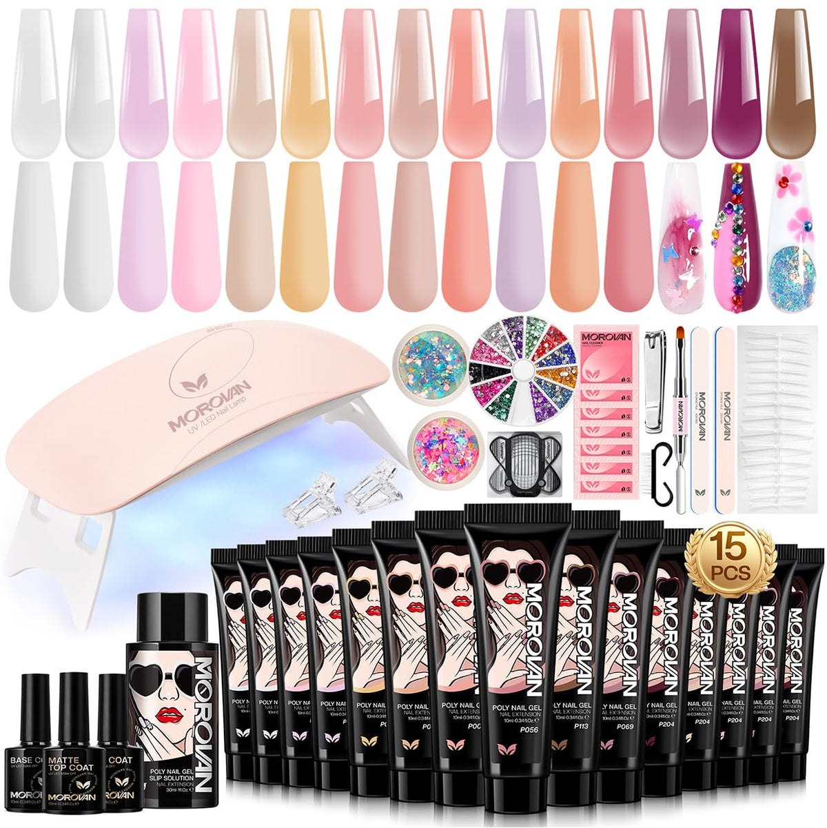 Morovan kit uñas gel poligel con 15 colores, perfecto para empezar en casa