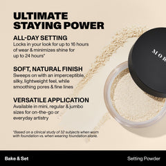 MORPHE Jumbo Bake & Set powder puff-baking demonstrates gentle pressing for long wear.