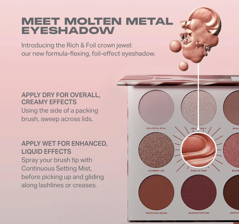 MORPHE Rich & Foiled Artistry Palette, acabado foil de metal fundido para efecto impactante.