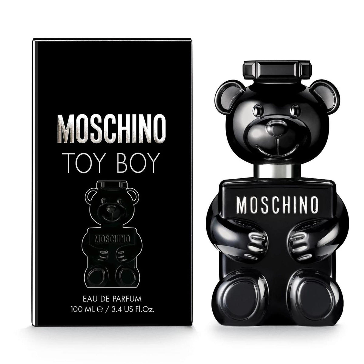 Moschino Toy Boy, botella negra lacada, ideal para noches elegantes.