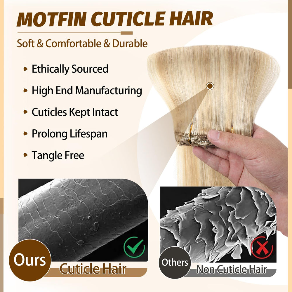 MOTFIN heat-styleable extensions up to 250°F for versatile looks.