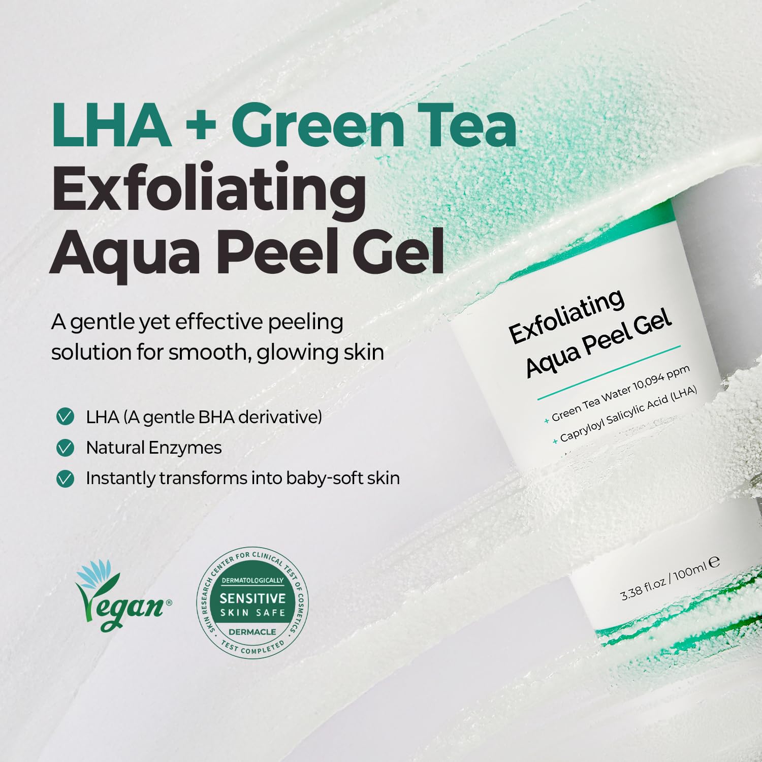 Texture soyeuse du gel exfoliant révélant une peau lisse sans abrasifs