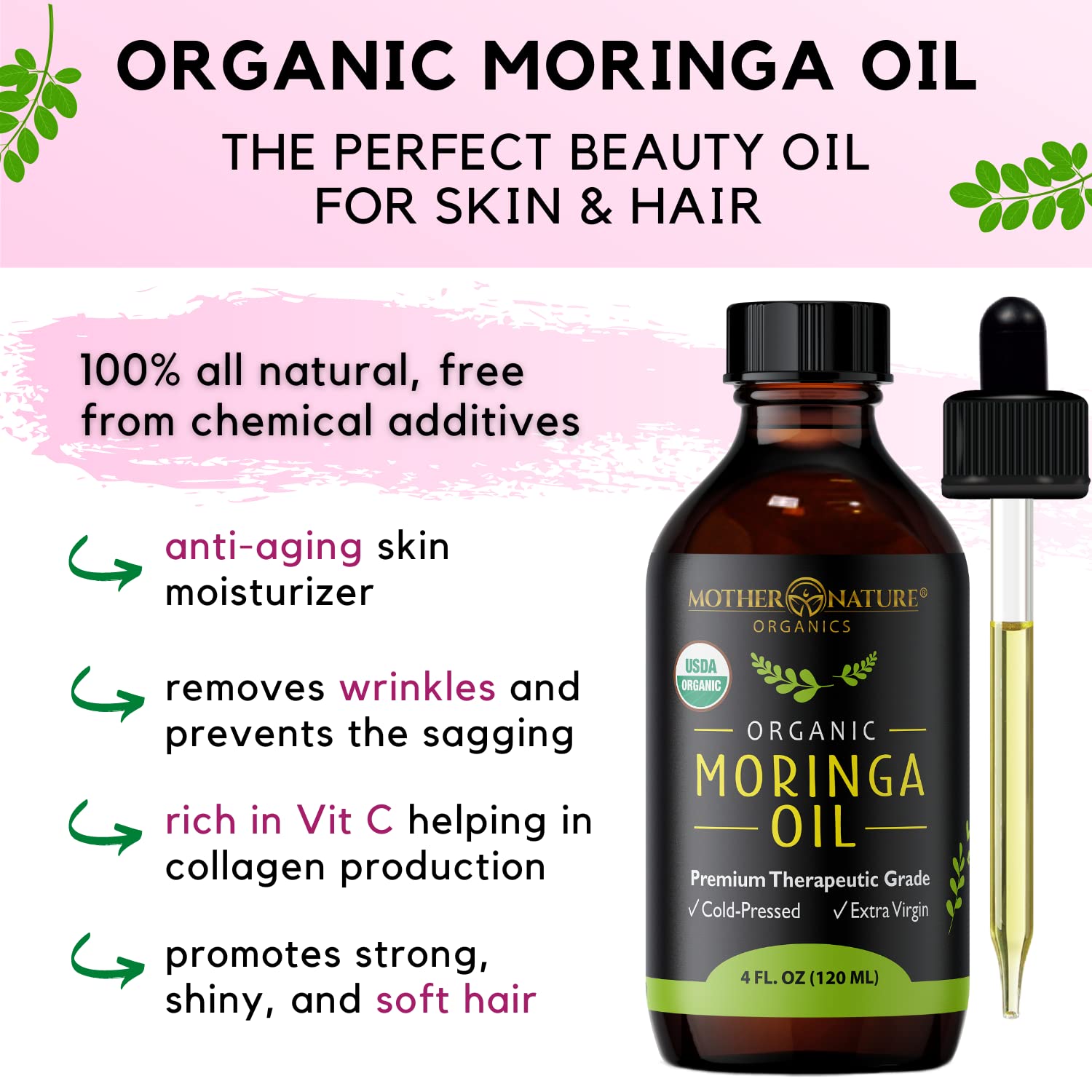 Mother Nature Organics Aceite de Moringa – versatilidad para rostro, cuerpo y cabello