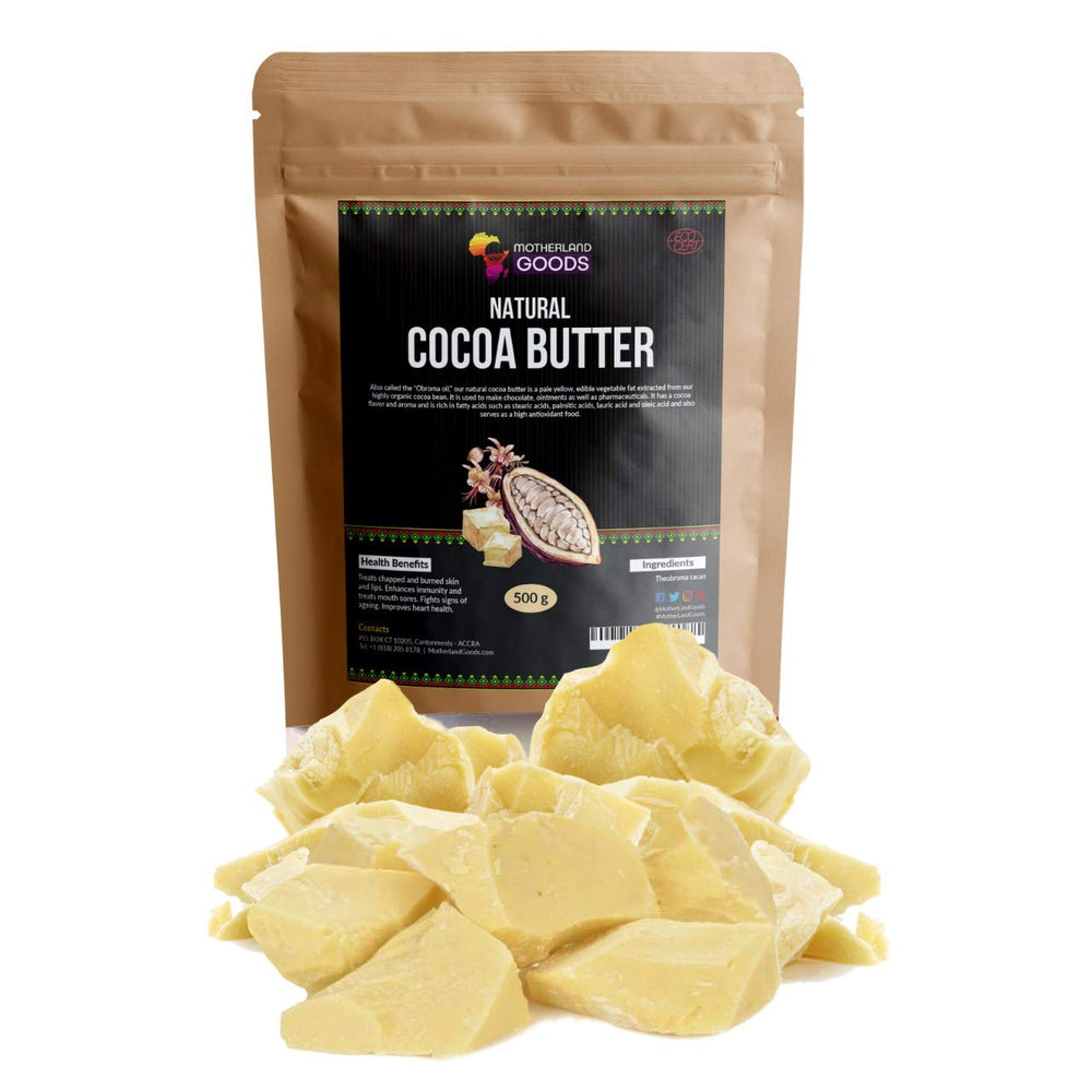 Motherland Goods cocoa butter chunks for soft, hydrated skin and scar support.