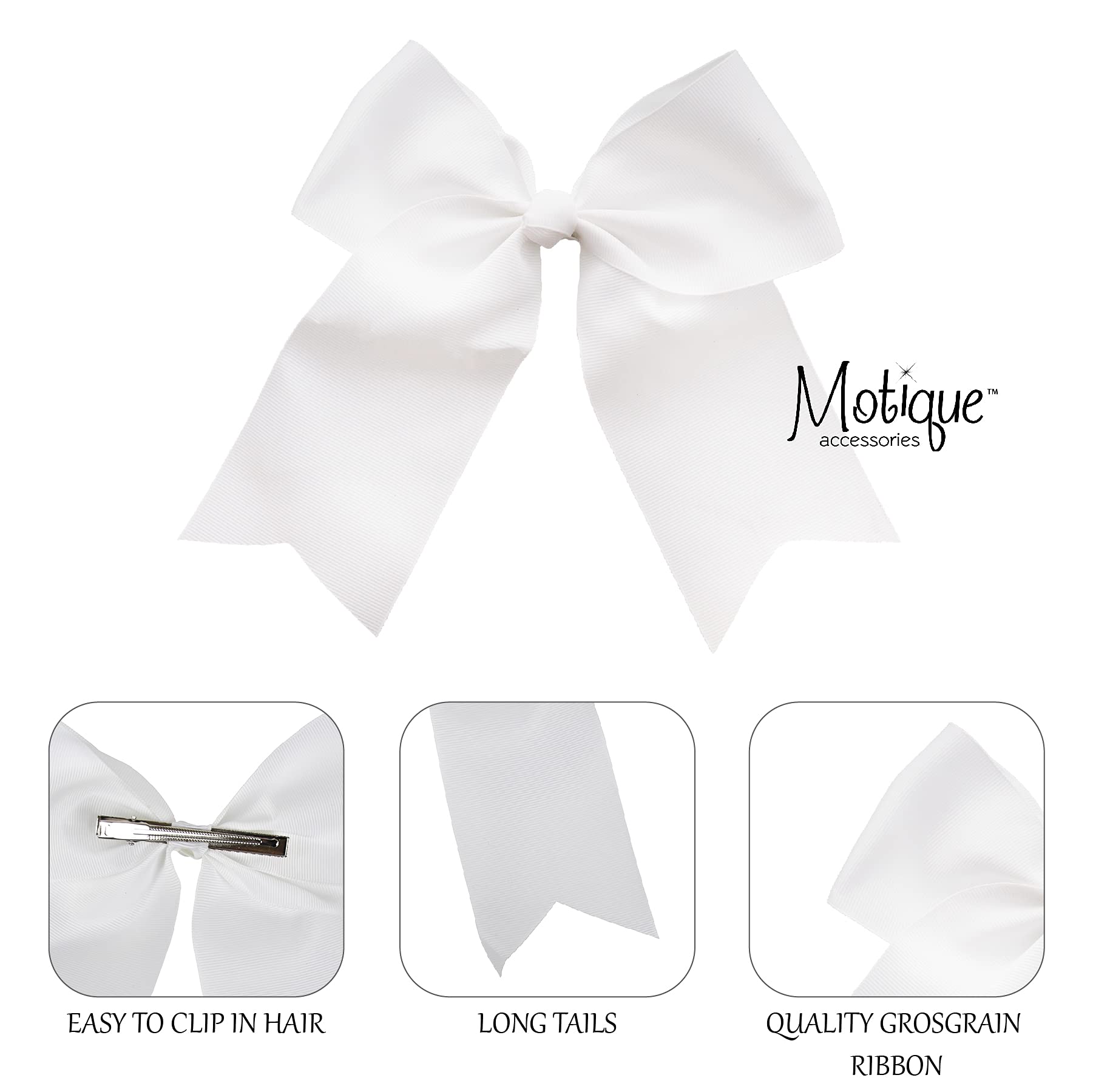 Motique Accessories Lazo blanco jumbo con colas, clip de mordaza de 3 pulgadas, trasera