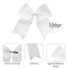 Motique Accessories Lazo blanco jumbo con colas, clip de mordaza de 3 pulgadas, trasera