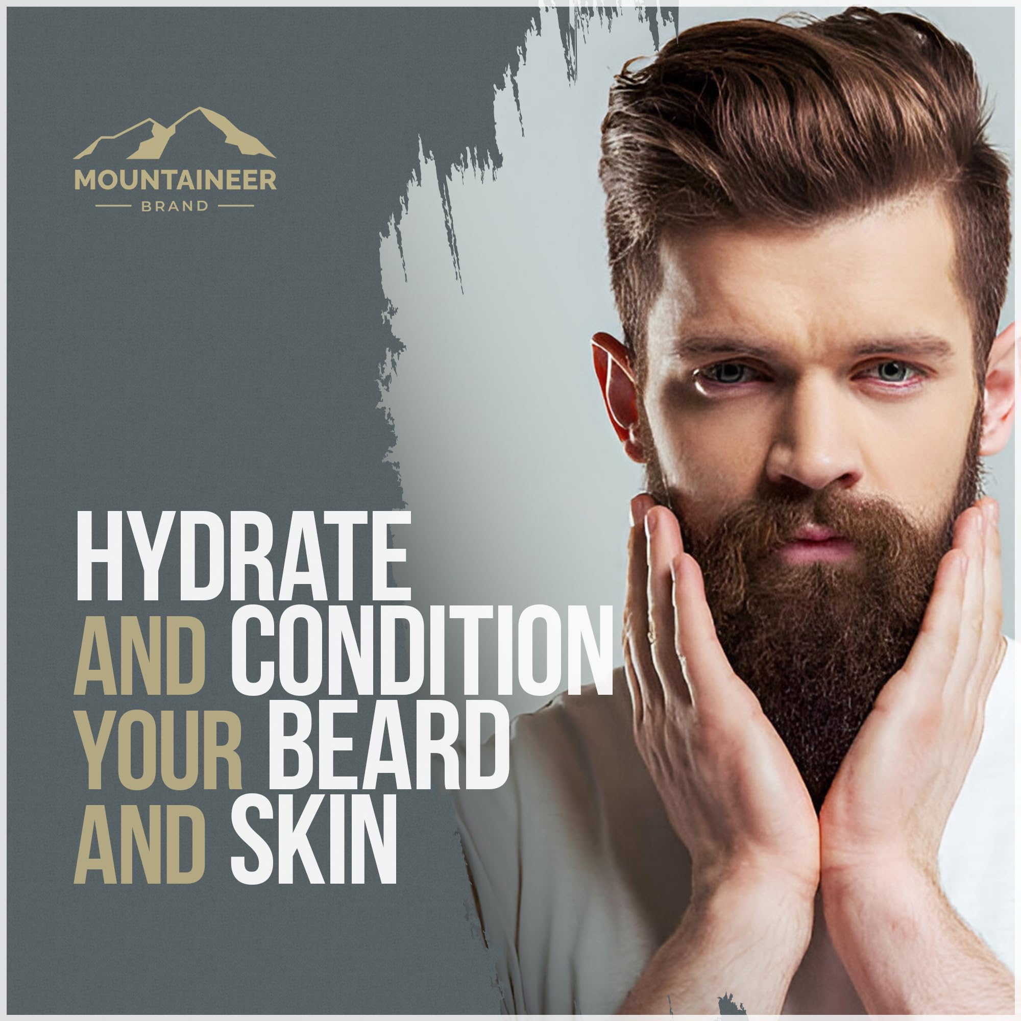 Aplicación de bálsamo Mountaineer Brand en barba para control del encrespamiento
