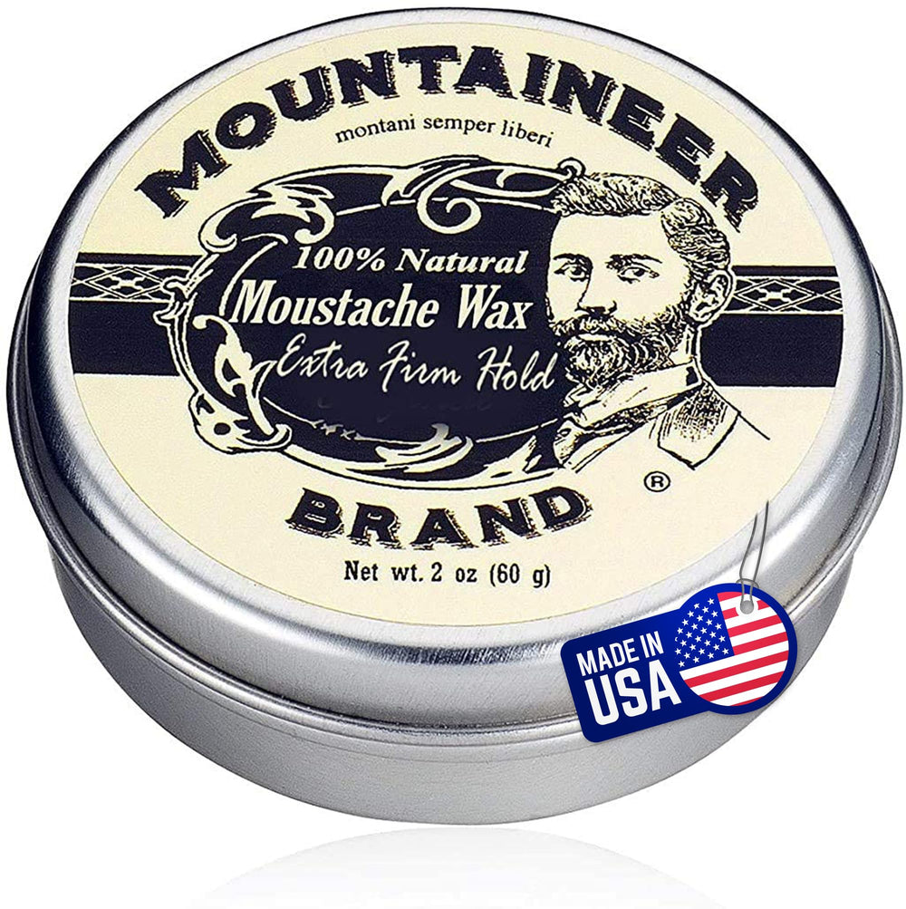 Cera Mountaineer Brand para bigote sin aroma en envase de 2 oz, fijación firme.