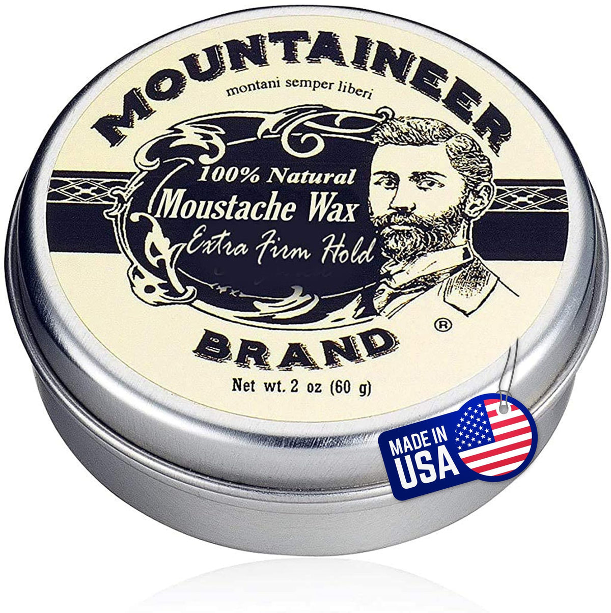 Cera Mountaineer Brand para bigote sin aroma en envase de 2 oz, fijación firme.