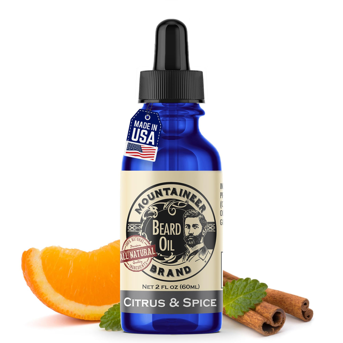 Mountaineer Brand Natural Beard Oil citrus spice bottle delivers hydration and conditioning.