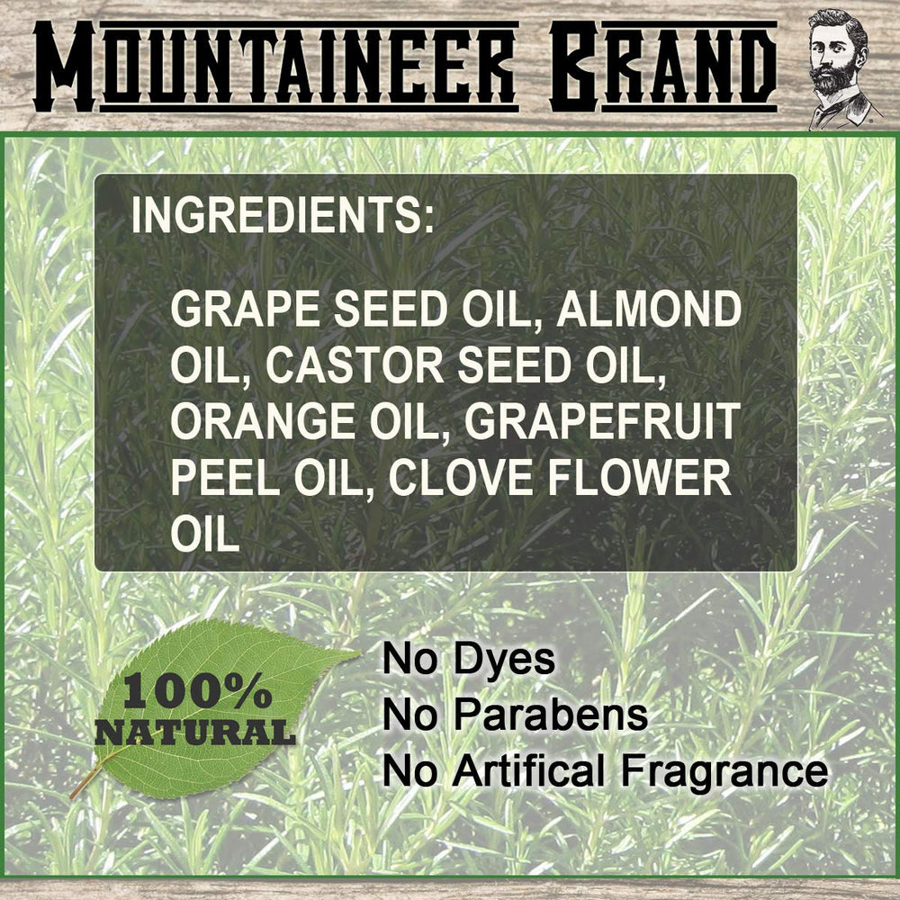 Mountaineer Brand Natural Beard Oil ingredients citrus spice visual highlights nourishing effect.
