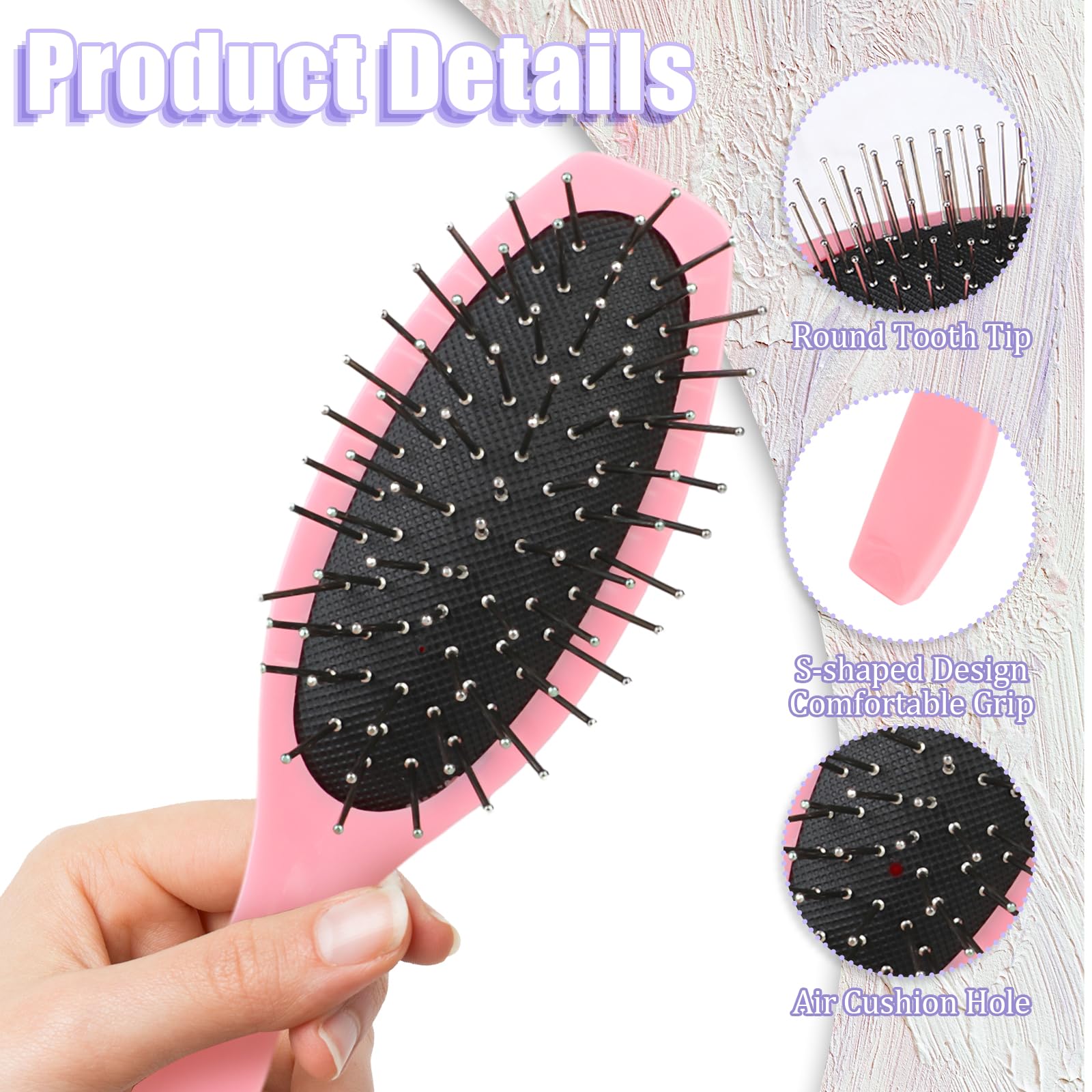Mozeat Lens dientes inoxidable, cepillo compacto para pelo sintetico rosa