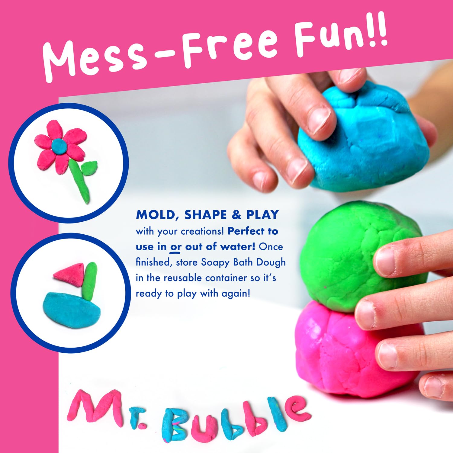 Mr. Bubble masa de baño espumosa fresa empaque caja, fácil de guardar tras jugar.