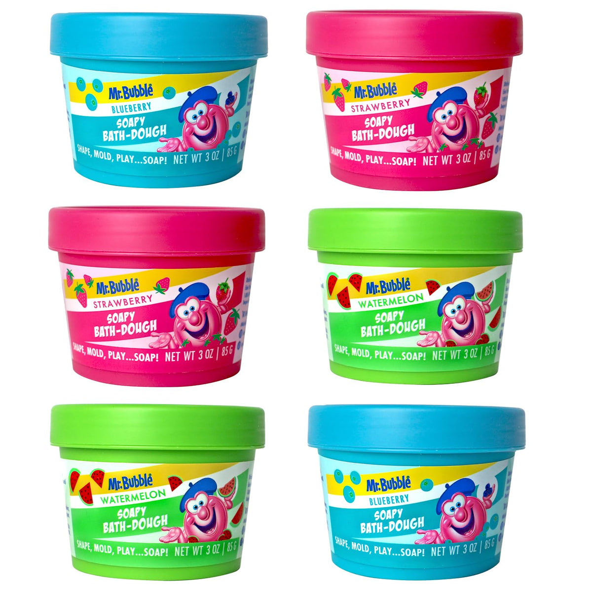 Mr. Bubble masa de baño espumosa fresa frontal, ideal para juego sensorial.