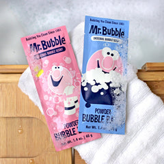 Mr. Bubble Retro detalle del sobre, fórmula suave para piel sensible.