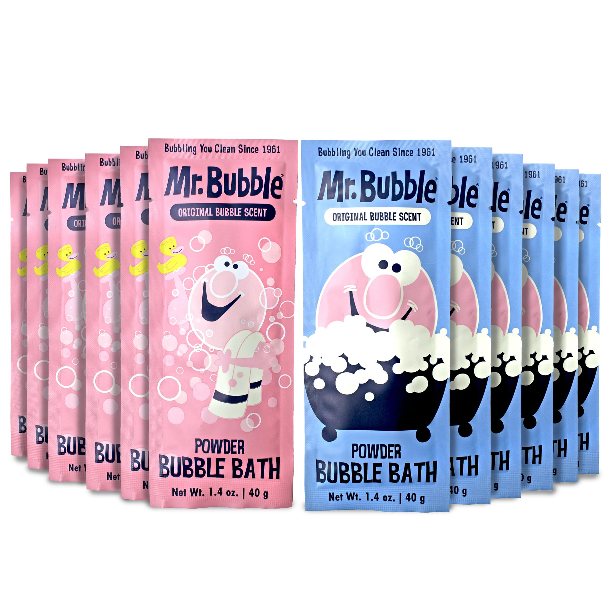 Mr. Bubble Retro polvo baño burbujas, empaque frontal, ideal para diversión en familia.
