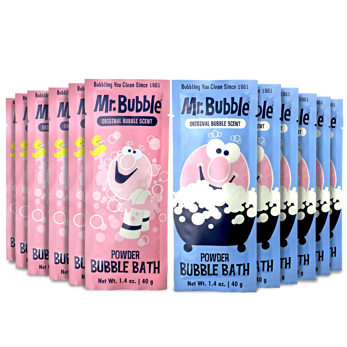 Mr. Bubble Retro polvo baño burbujas, empaque frontal, ideal para diversión en familia.