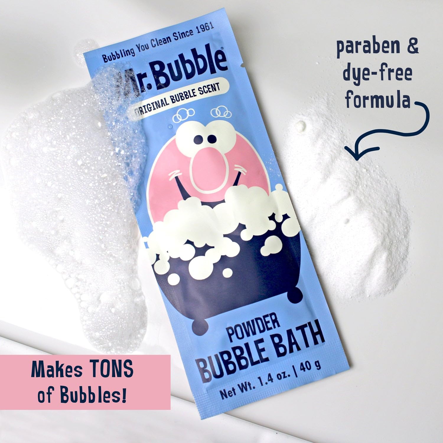 Mr. Bubble Retro sin parabenos, cuidado suave para piel sensible.