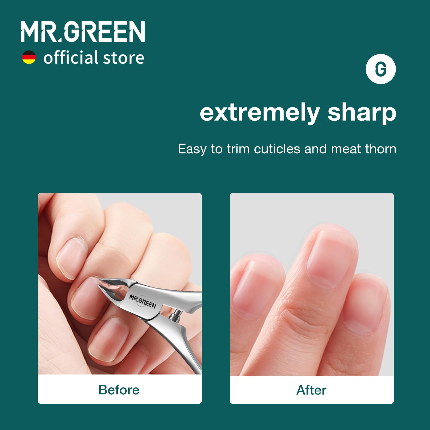 MR.GREEN angulo-corte-inclinado: ángulo óptimo para remover piel muerta sin bloquear la vista.