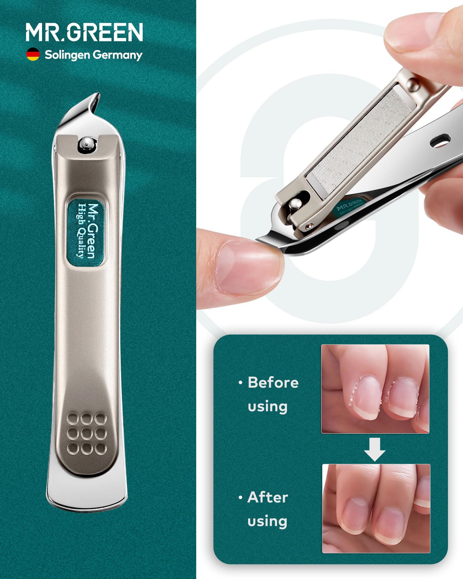 MR.GREEN cortaúñas ergonómico en acero inoxidable para uñas con precisión