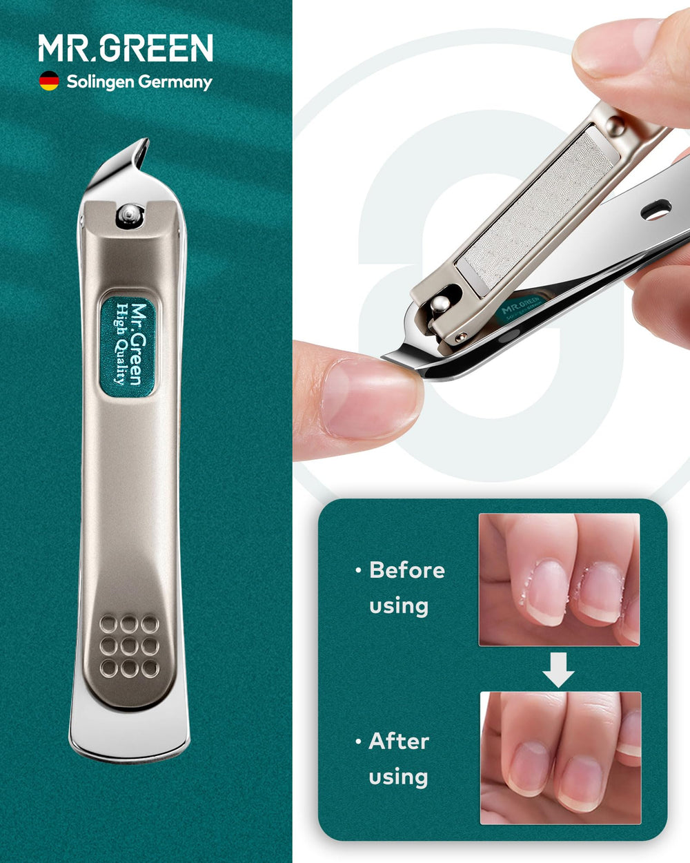MR.GREEN cortaúñas ergonómico en acero inoxidable para uñas con precisión