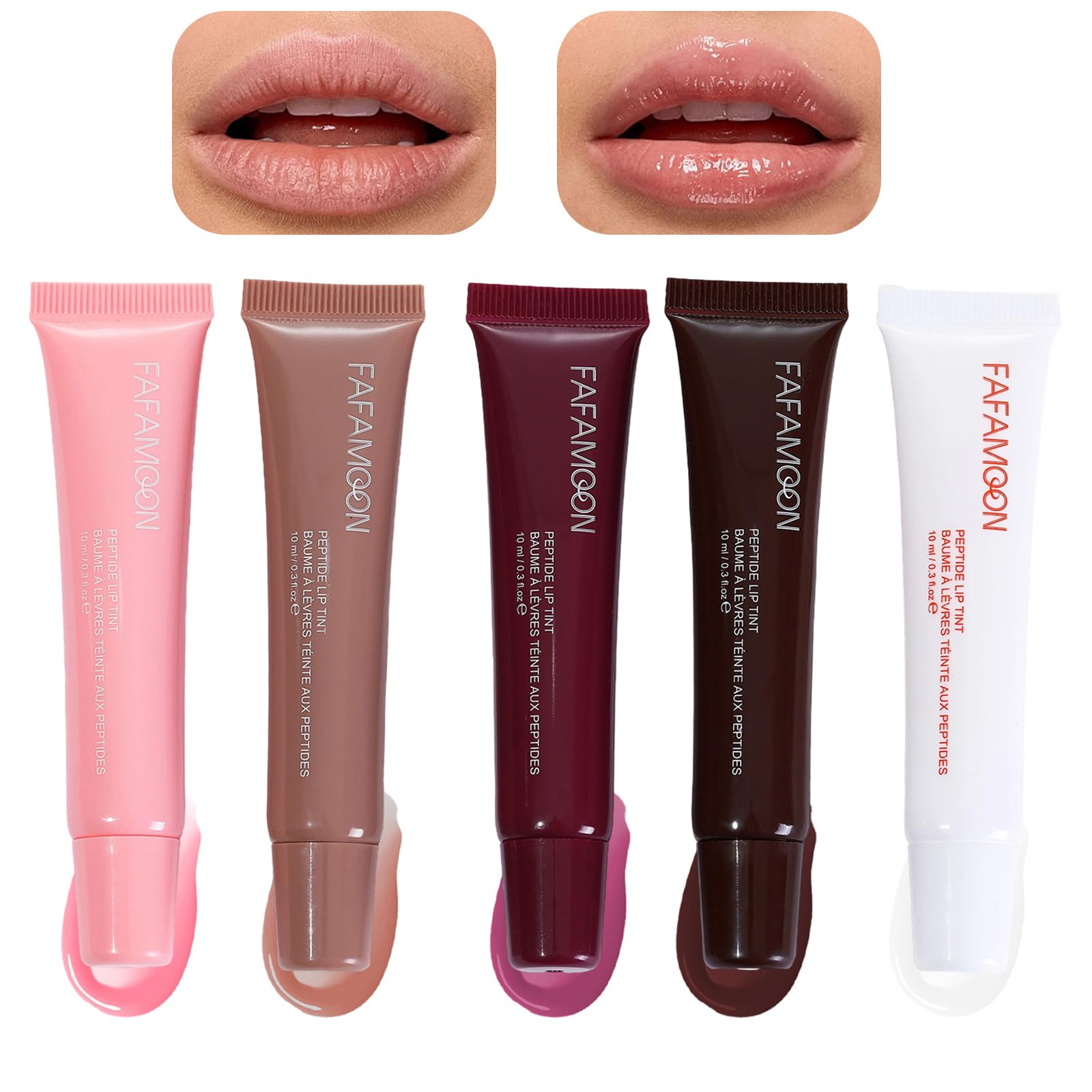 Brillo labial Mrettick en 5 colores para un look natural y luminoso.