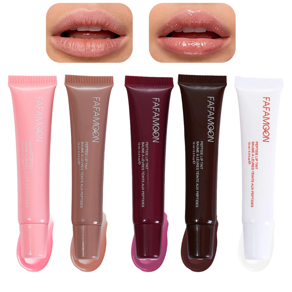 Brillo labial Mrettick en 5 colores para un look natural y luminoso.