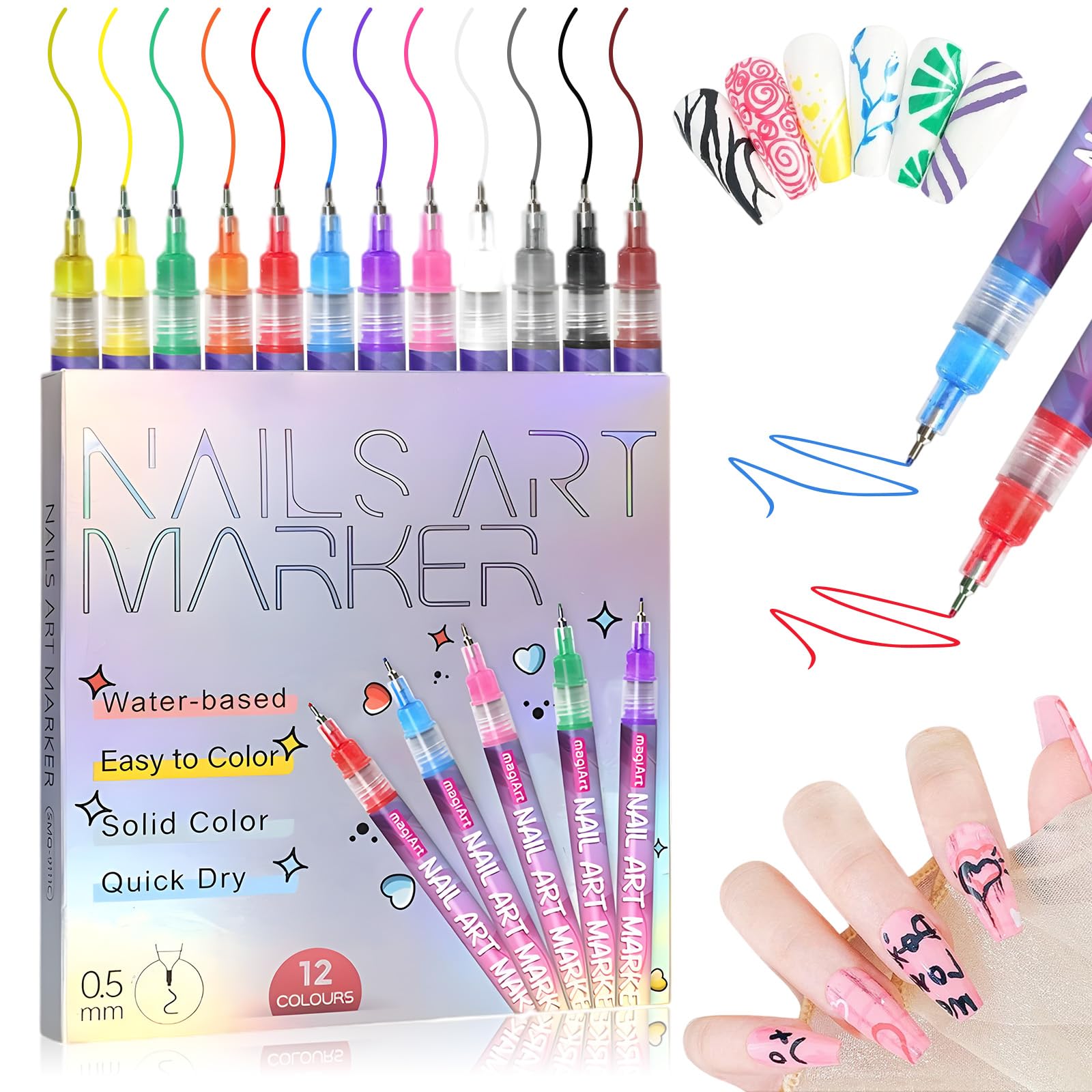 Bolígrafos de arte para uñas Mrryiio con 12 colores y punta 0,5 mm para trazos finos.