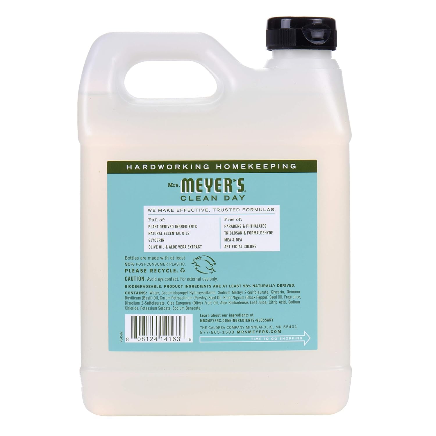 Fórmula de Mrs. Meyer's Clean Day con aceite de oliva y aloe vera para manos suaves.