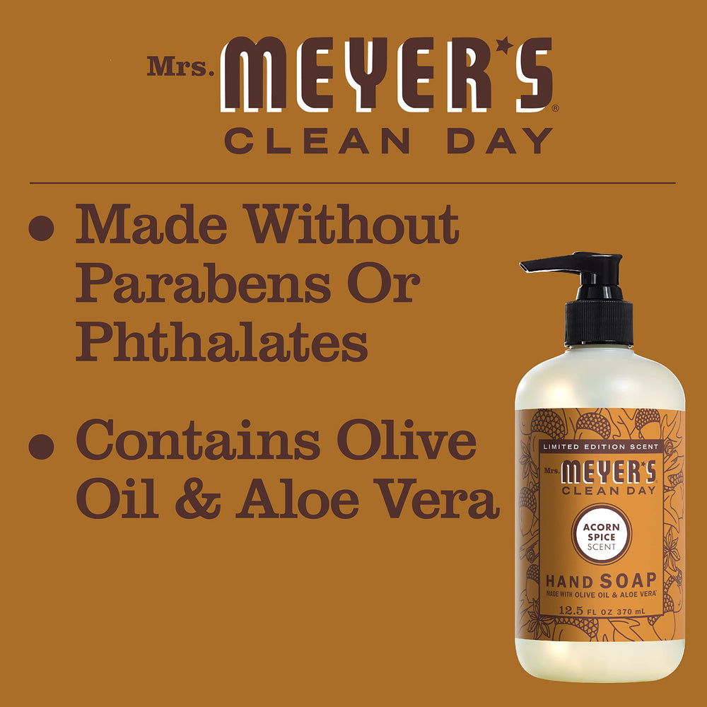 Aplicación en manos con jabón de manos Mrs. MEYER'S, aroma otoñal y limpieza suave.