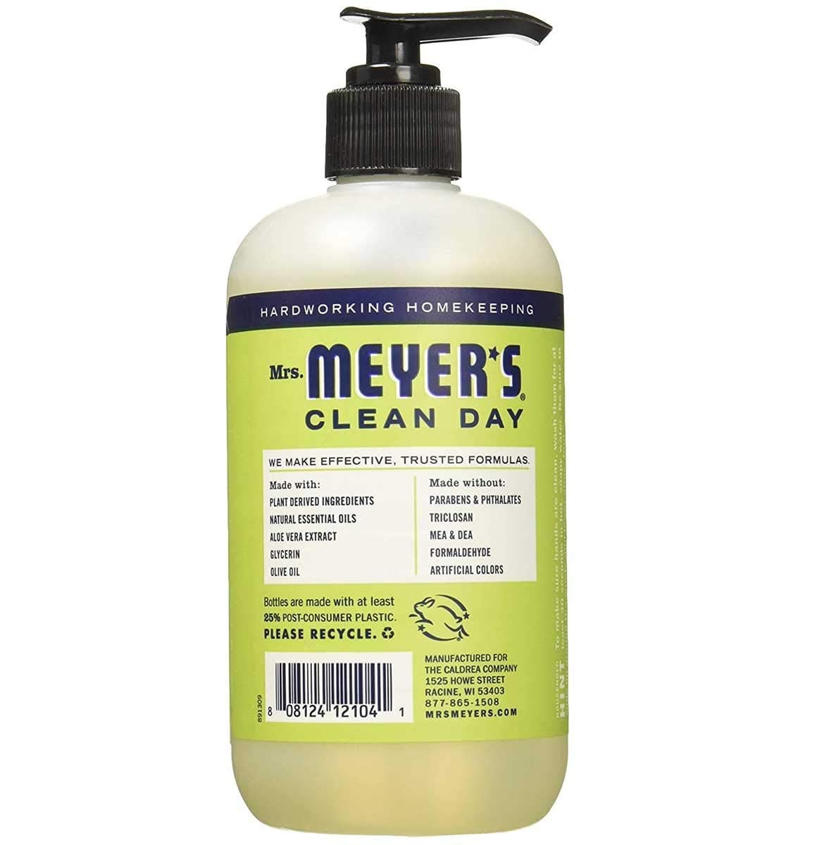 Mrs. Meyer's Clean Day – ingrédients huile d'olive et aloe vera visibles, soin doux pour les mains.