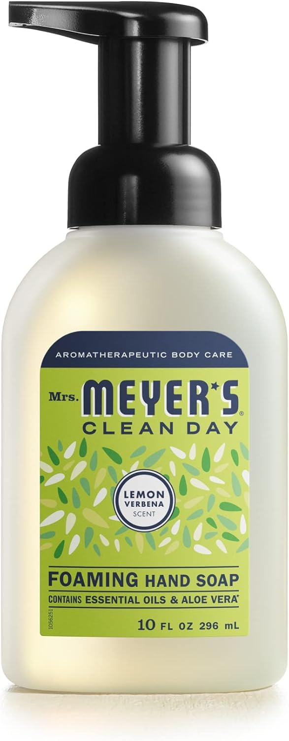 Jabón espumoso Mrs. Meyer's Clean Day Limón Verbena en botella, aroma refrescante para manos.