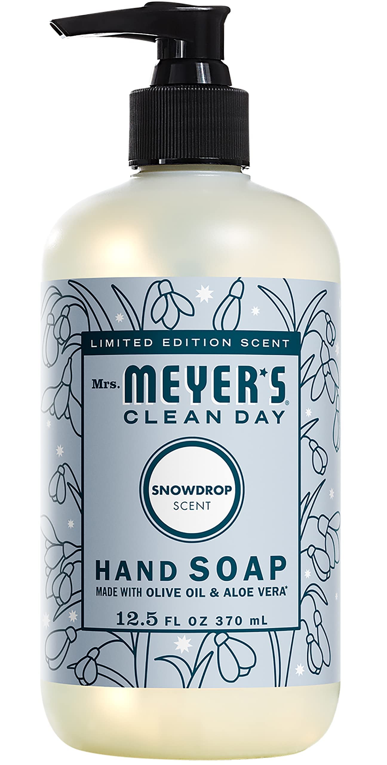 Etiqueta Snowdrop de Mrs. Meyer's, diseño limpio para la encimera.
