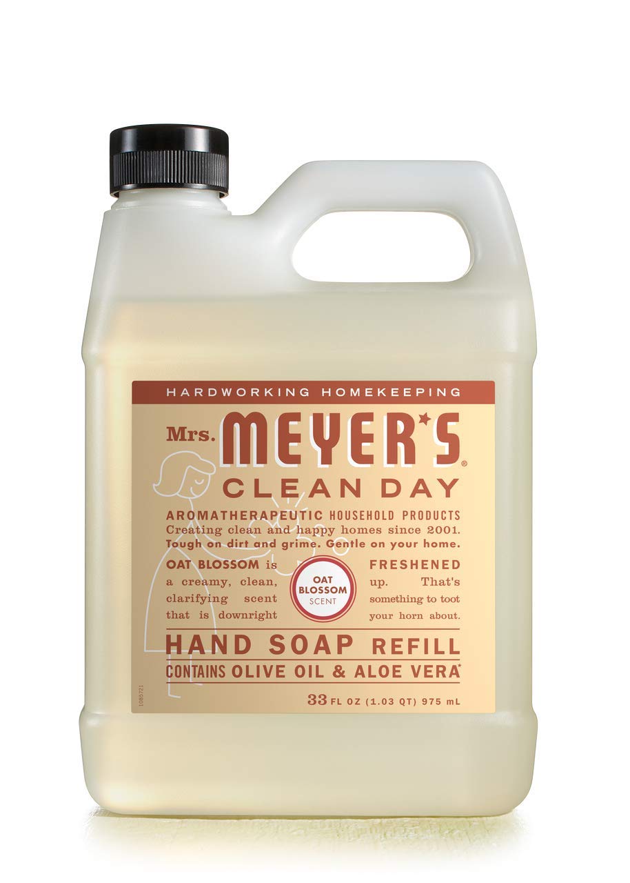 Jabón líquido para manos Mrs. Meyer's en botella, fragancia flor de avena, uso diario.