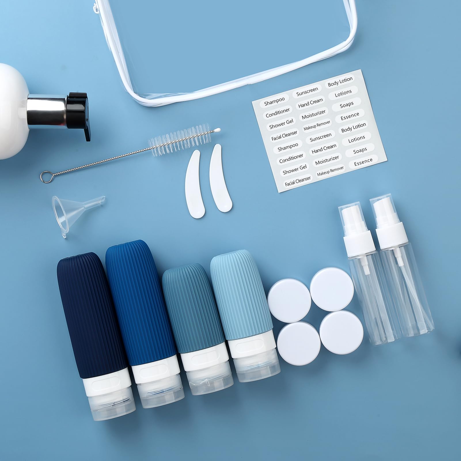 Accesorios de viaje Mrsdry: embudo y cucharillas para rellenar con precisión.
