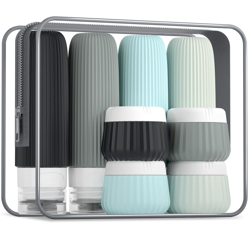 MrsDry botellas de viaje de silicona, set de 8 unidades para organizar cosméticos.