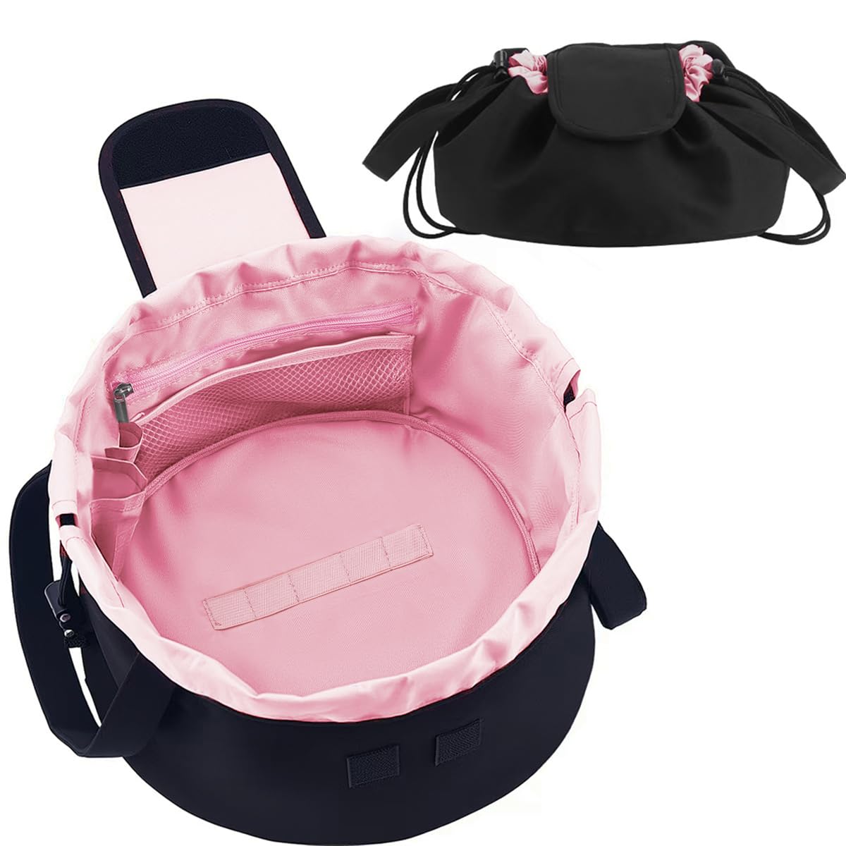 MrsFox bolsa de maquillaje con apertura plana y cordón para organización rápida.