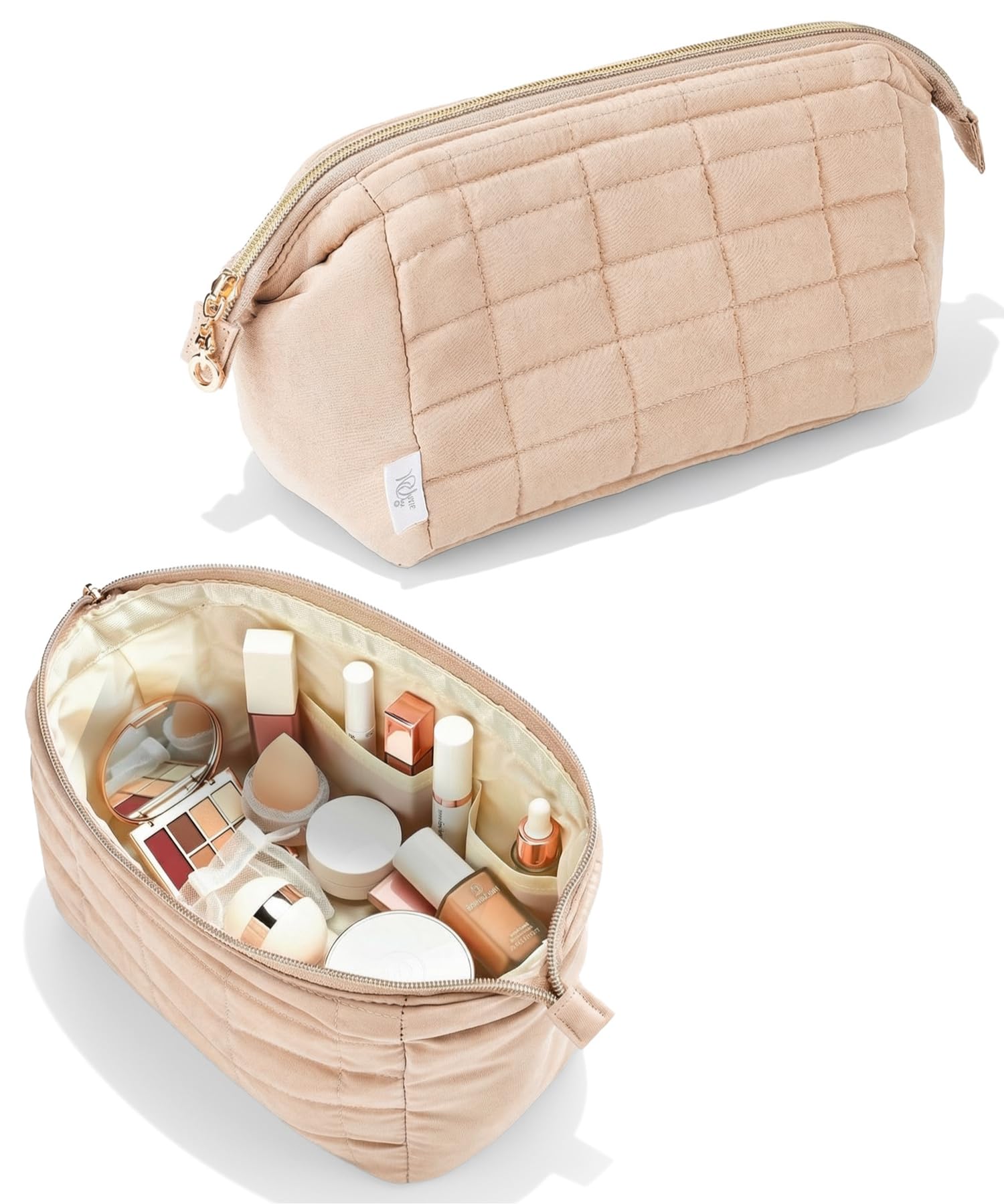 Ms. Pen bolso maquillaje acolchado beige, protección suave para cosméticos esenciales.
