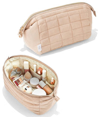 Ms. Pen bolso maquillaje acolchado beige, protección suave para cosméticos esenciales.