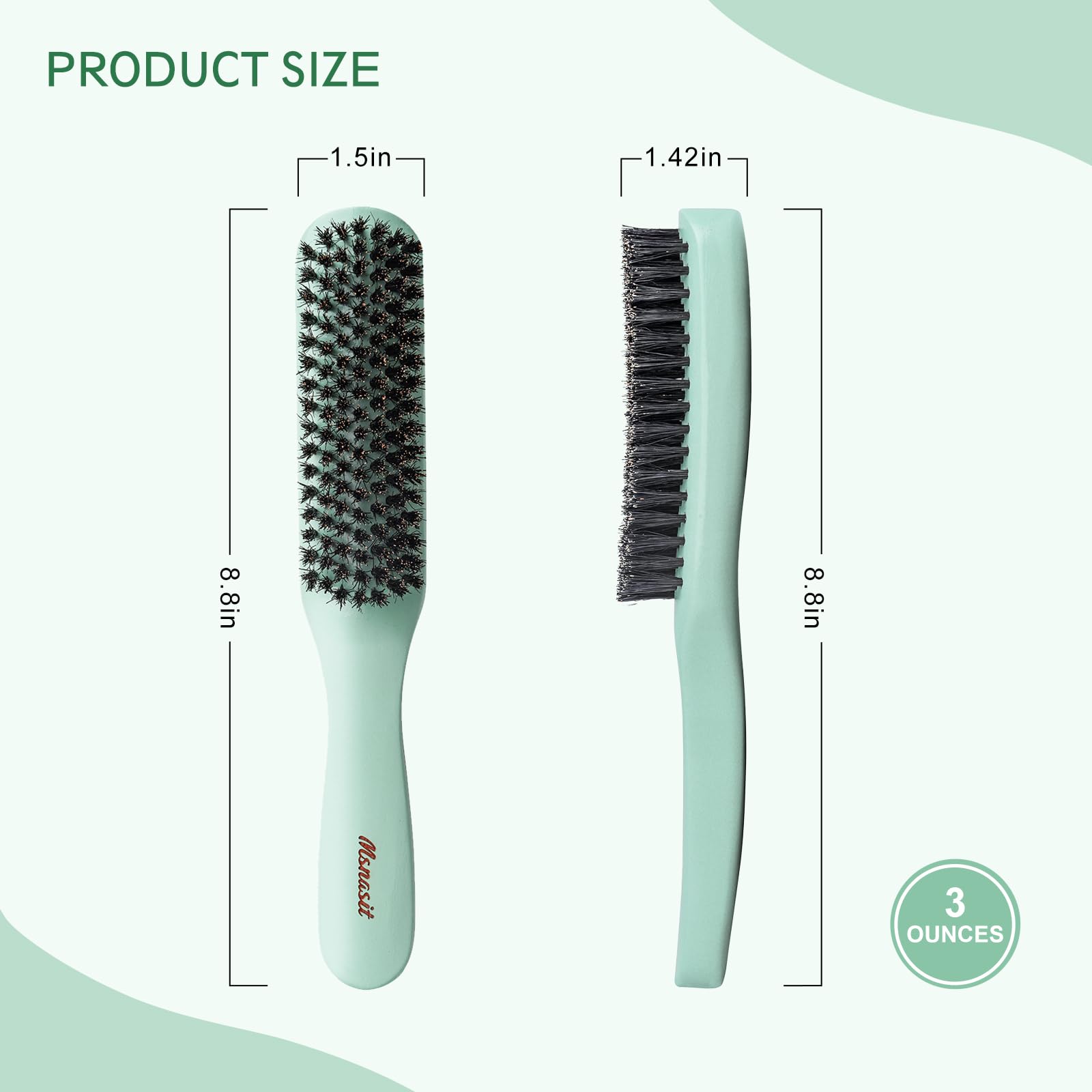 Control del frizz y brillo natural con el cepillo Msnasit de cerdas naturales.