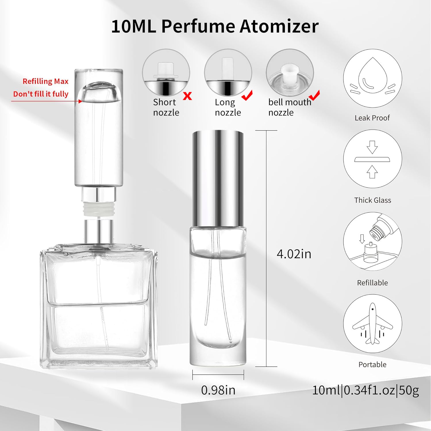 Atomizador de perfume MUB en vidrio y aluminio ligero para viaje.