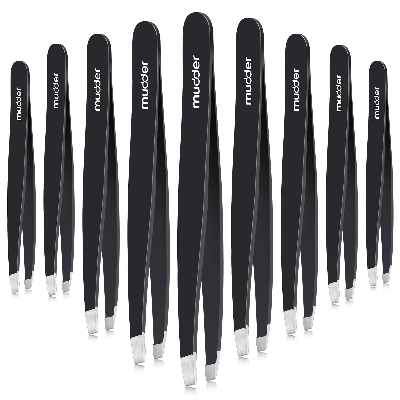 Pinzas Mudder para cejas con punta inclinada en negro, precisión diaria.