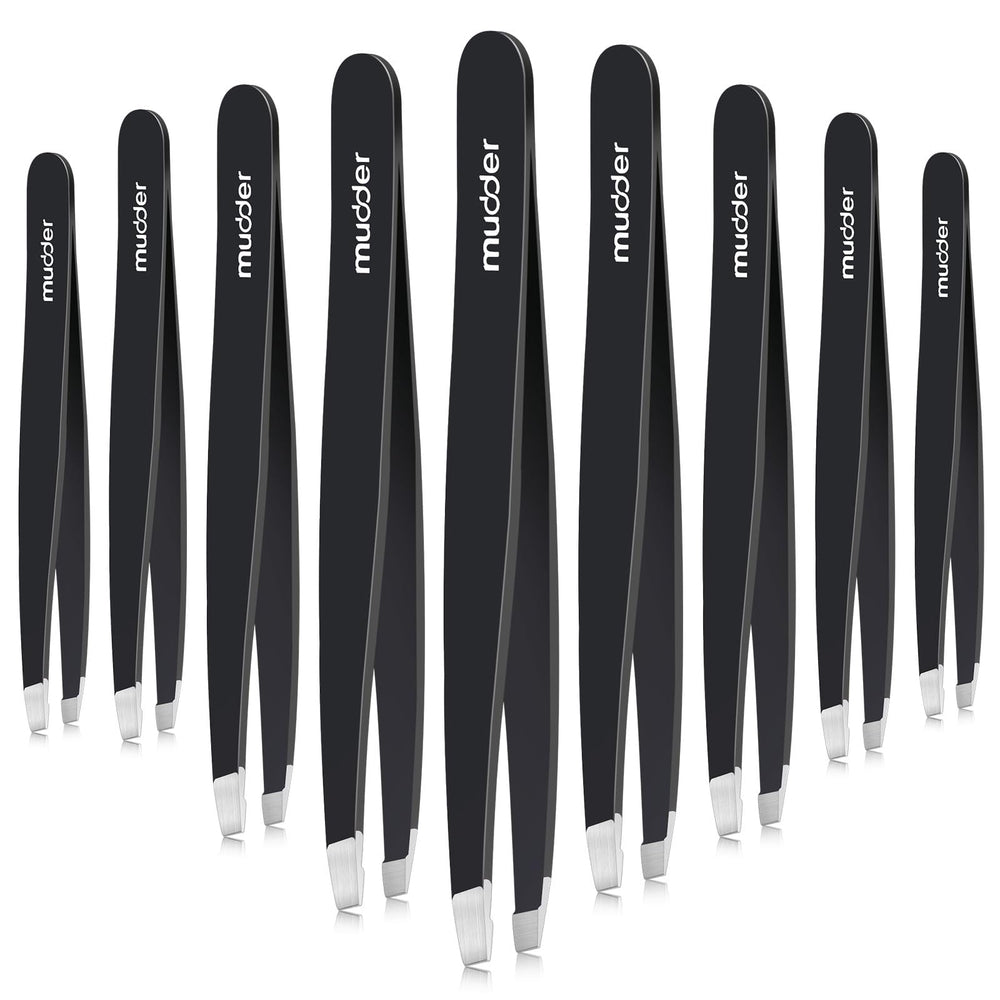 Pinzas Mudder para cejas con punta inclinada en negro, precisión diaria.
