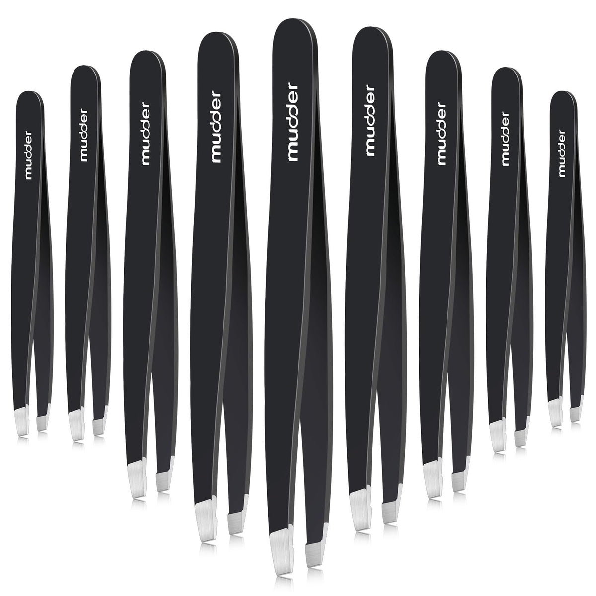 Pinzas Mudder para cejas con punta inclinada en negro, precisión diaria.