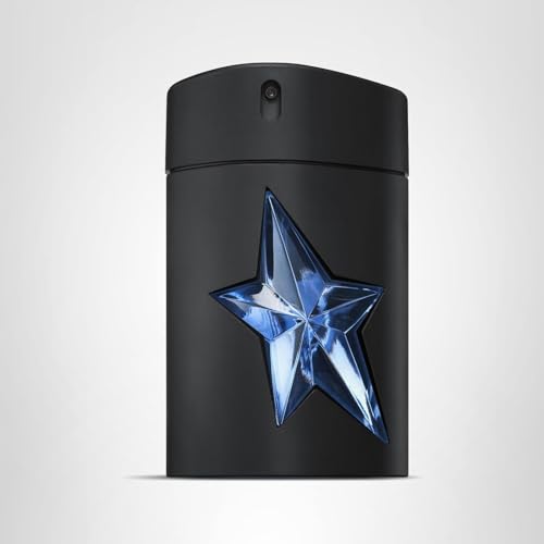 Mugler A*Men, botella con acabado plateado, presencia sofisticada en la noche.