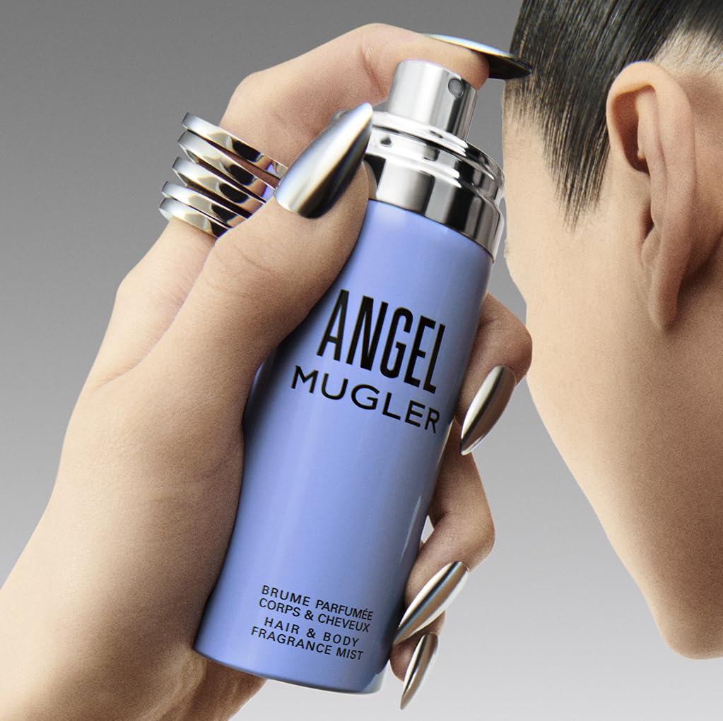 Logo y estrella de Mugler Angel en la presentación, símbolo de estilo.