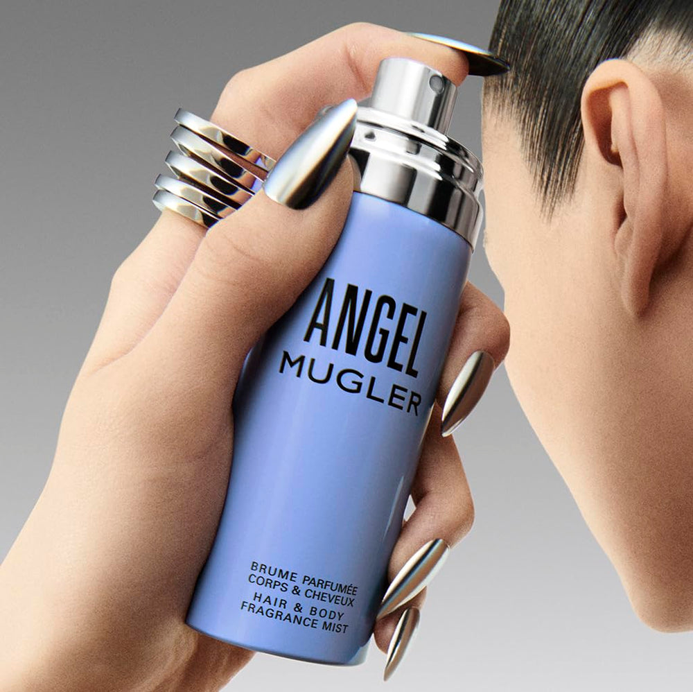 Logo y estrella de Mugler Angel en la presentación, símbolo de estilo.