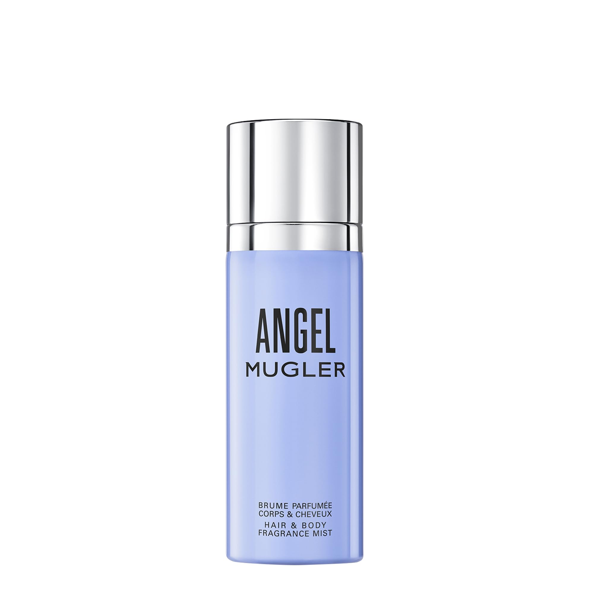 Frasco de Mugler Angel para perfumar cabello y cuerpo con ligereza.