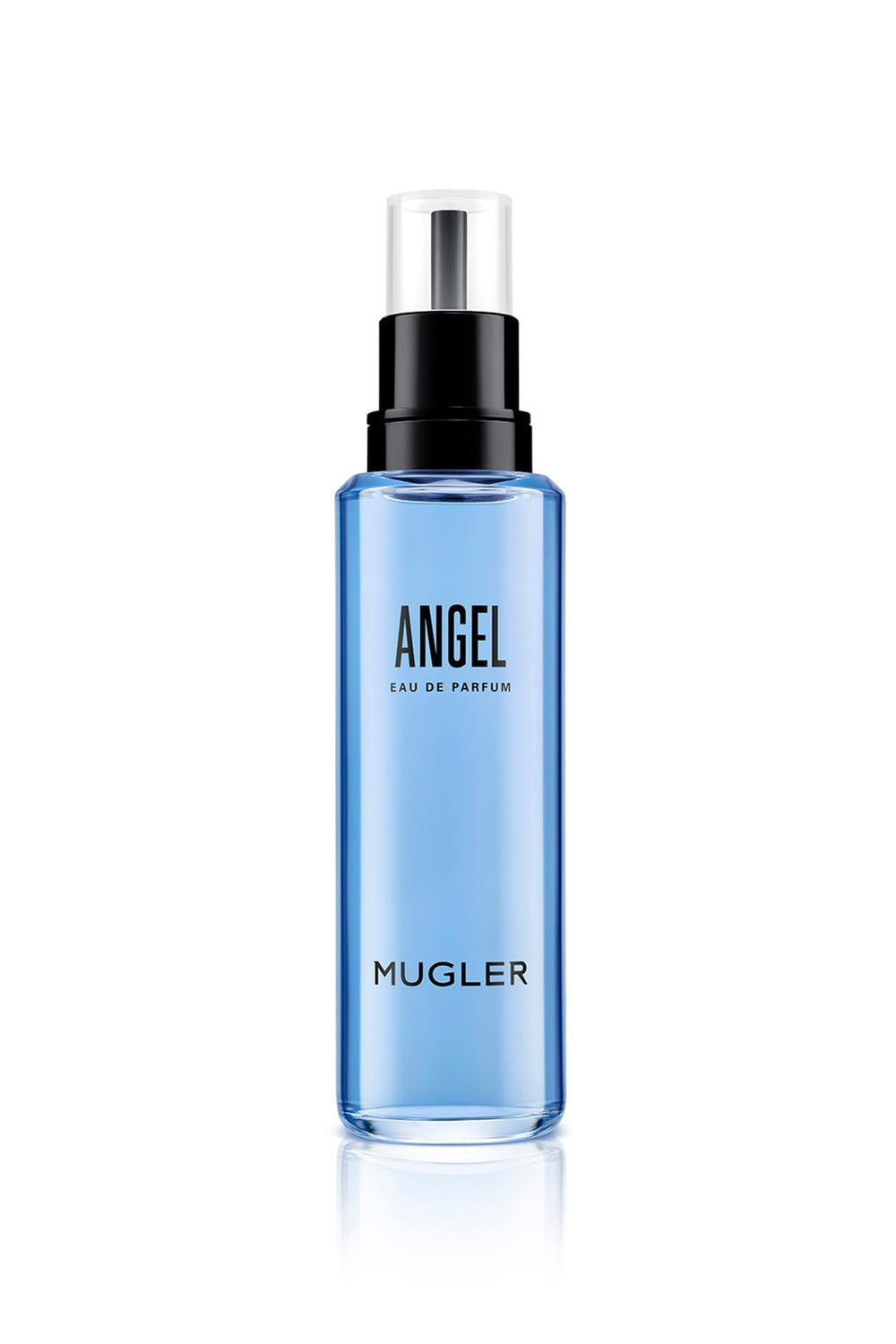Mugler Angel Recarga: botella elegante para uso diario, aroma ámbar y notas florales.