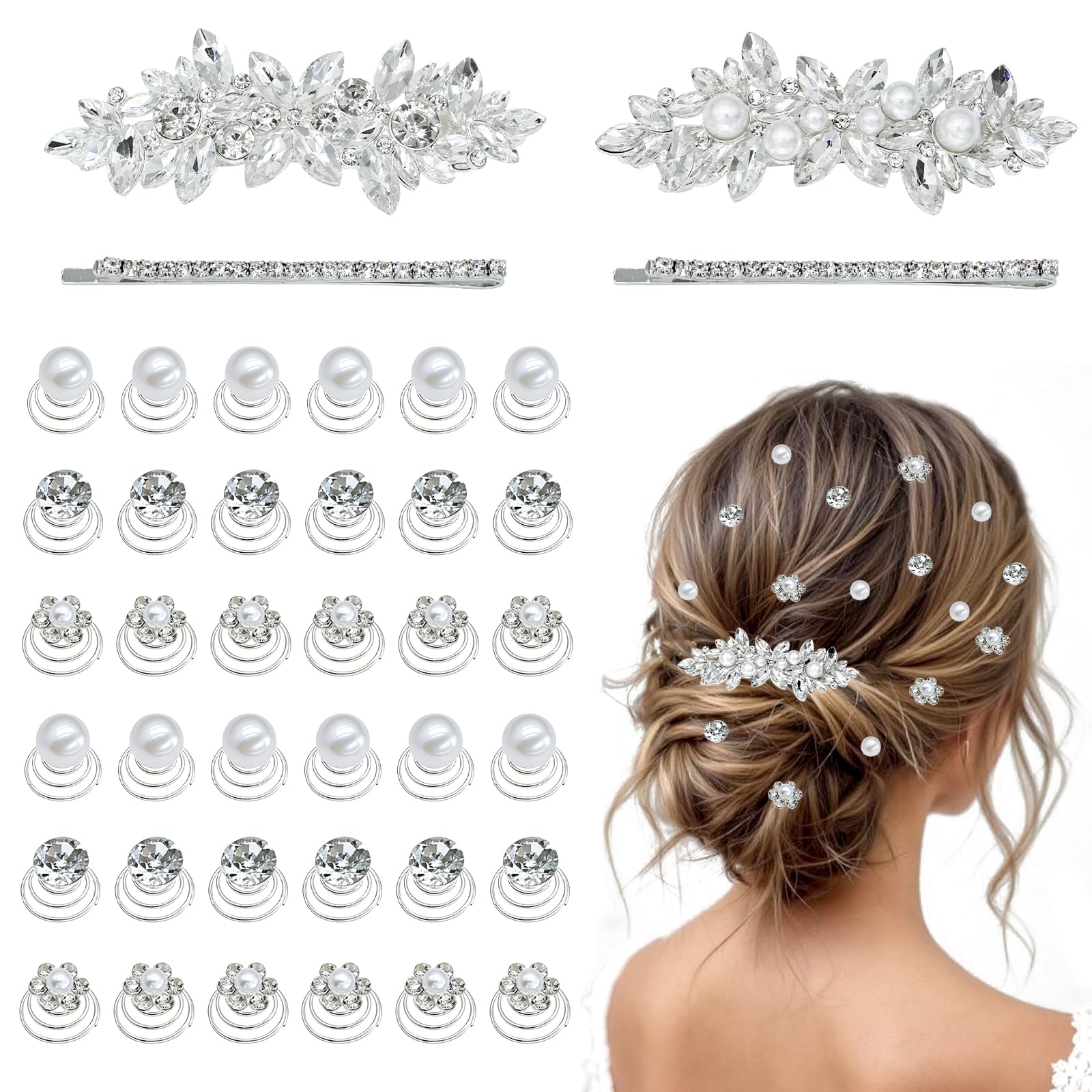 Clips Mulzile de pelo con cristal y perla, ideal para bodas y uso diario.